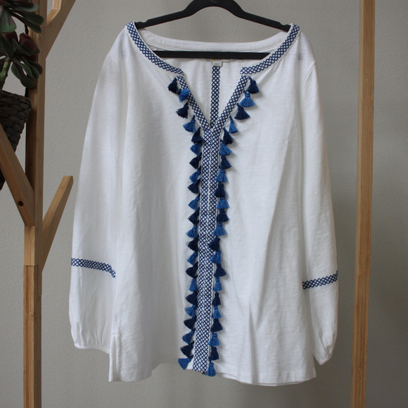 Boden White Cotton Top with Tassels and Embroidery - Picture 1 of 5